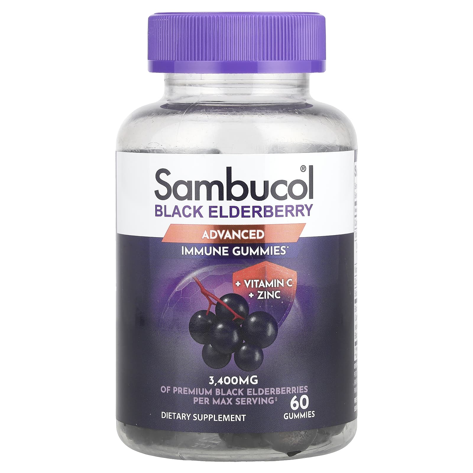 Sambucol, Sabugueiro Preto, Gomas para Suporte Imunológico com Vitamina C e Zinco, Frutas Vermelhas Natural, 60 Gomas