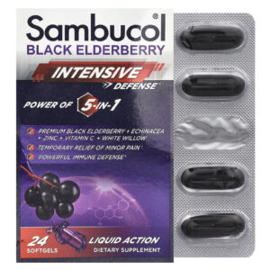 Sambucol, Sabugueiro Preto, Defesa Intensiva, Poder 5-em-1, 24 Cápsulas Softgel