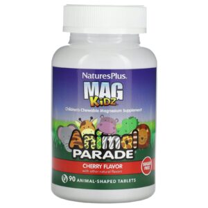 NaturesPlus, MagKidz, Animal Parade, Magnésio Mastigável para Crianças, Cereja, 90 Comprimidos em Formato de Animais (50 mg por Comprimido)