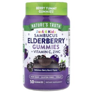 Nature's Truth, Just 4 Kidz, Gomas de Sabugueiro Sambucus + Vitamina C, Zinco, Deliciosa Explosão de Frutos Silvestres, 50 Gomas