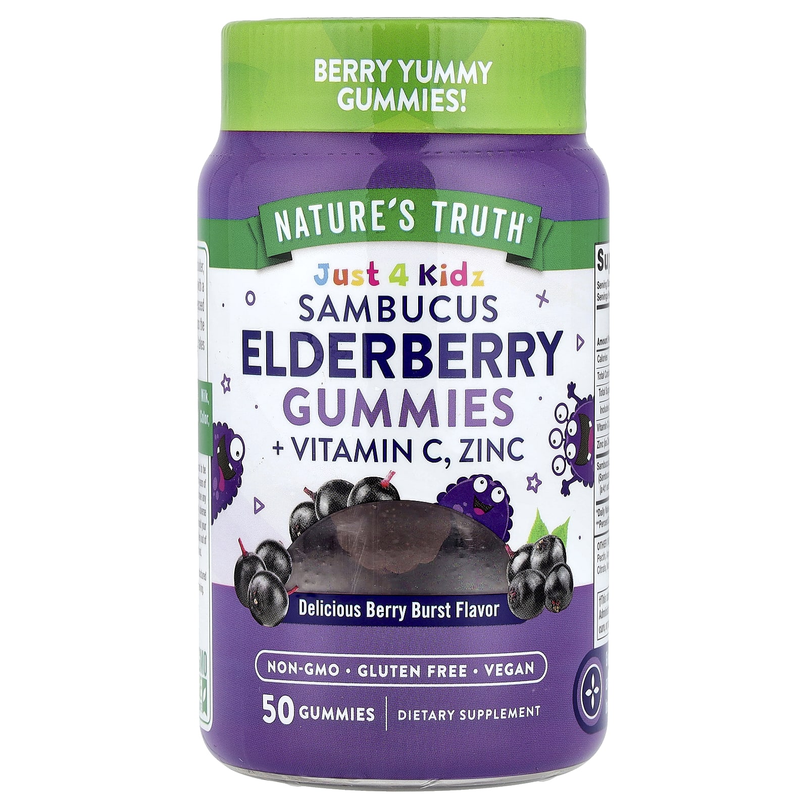 Nature's Truth, Just 4 Kidz, Gomas de Sabugueiro Sambucus + Vitamina C, Zinco, Deliciosa Explosão de Frutos Silvestres, 50 Gomas