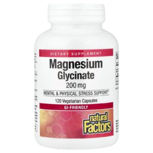Natural Factors, Glicinato de Magnésio, 200 mg, 120 Cápsulas Veganas