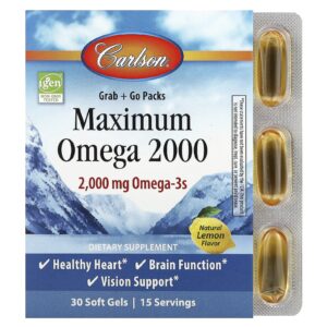 Carlson, Maximum Ômega 2000, Limão Natural, 30 Cápsulas Softgel (1.000 mg por Cápsula Softgel)