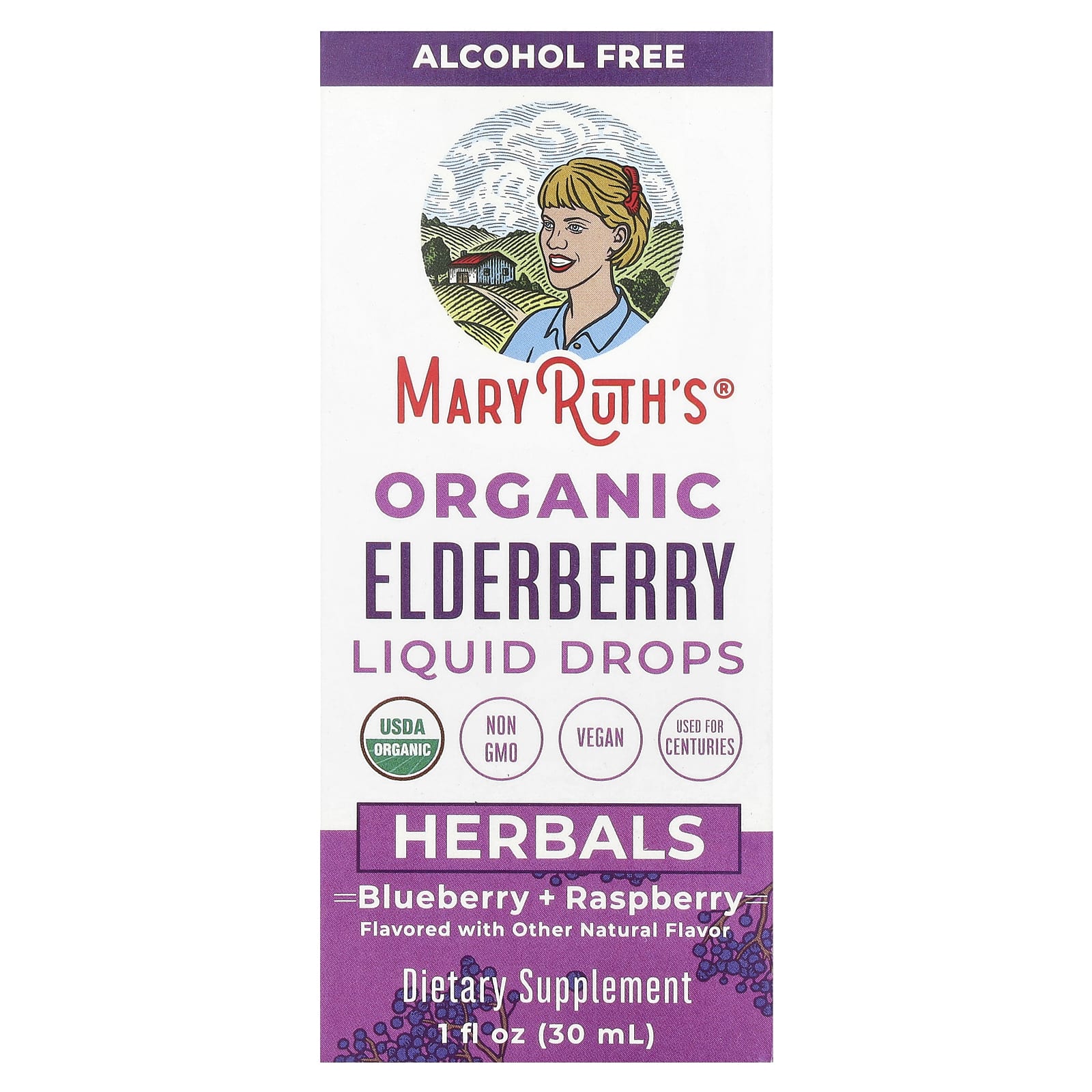 MaryRuth's, Gotas Líquidas de Sabugueiro Orgânico, Sem Álcool, Mirtilo + Framboesa, 30 ml (1 fl oz)