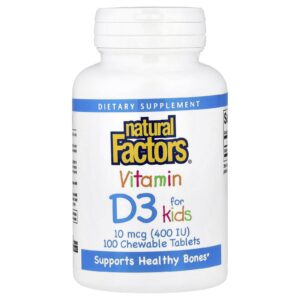 Natural Factors, Vitamina D3 para Crianças, Morango, 10 mcg (400 UI), 100 Comprimidos Mastigáveis