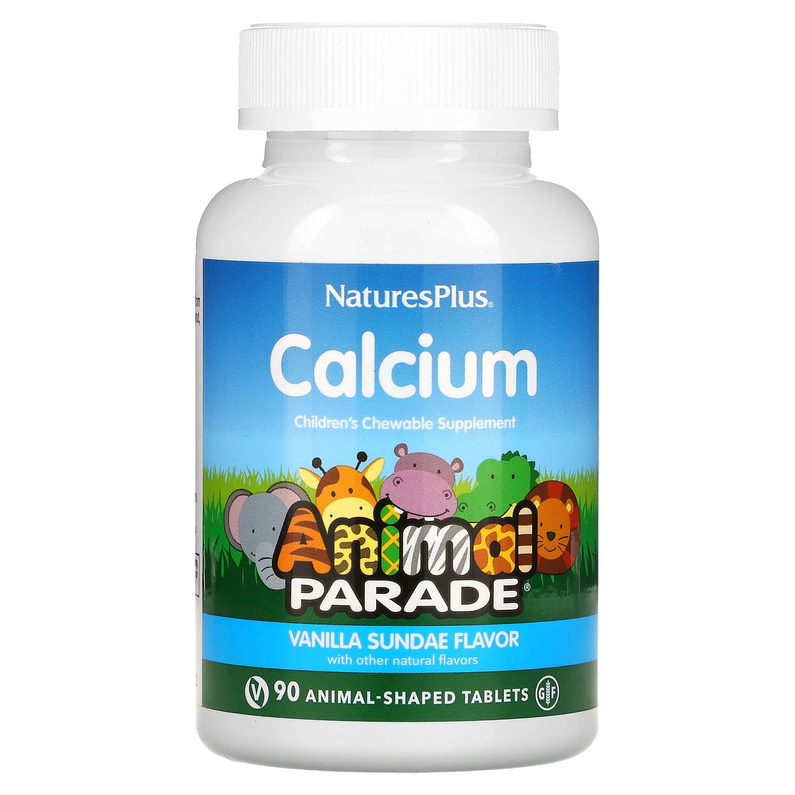 NaturesPlus, Source of Life, Animal Parade, Cálcio, Suplemento Mastigável para Crianças, Sabor de Sundae de Baunilha, 90 Comprimidos em Formato de Animais