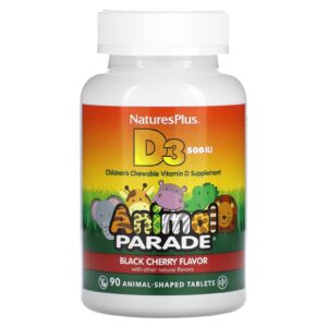 NaturesPlus, Animal Parade, Vitamina D3, Cereja Negra, 12,5 mcg (500 UI), 90 Comprimidos em Formato de Animais