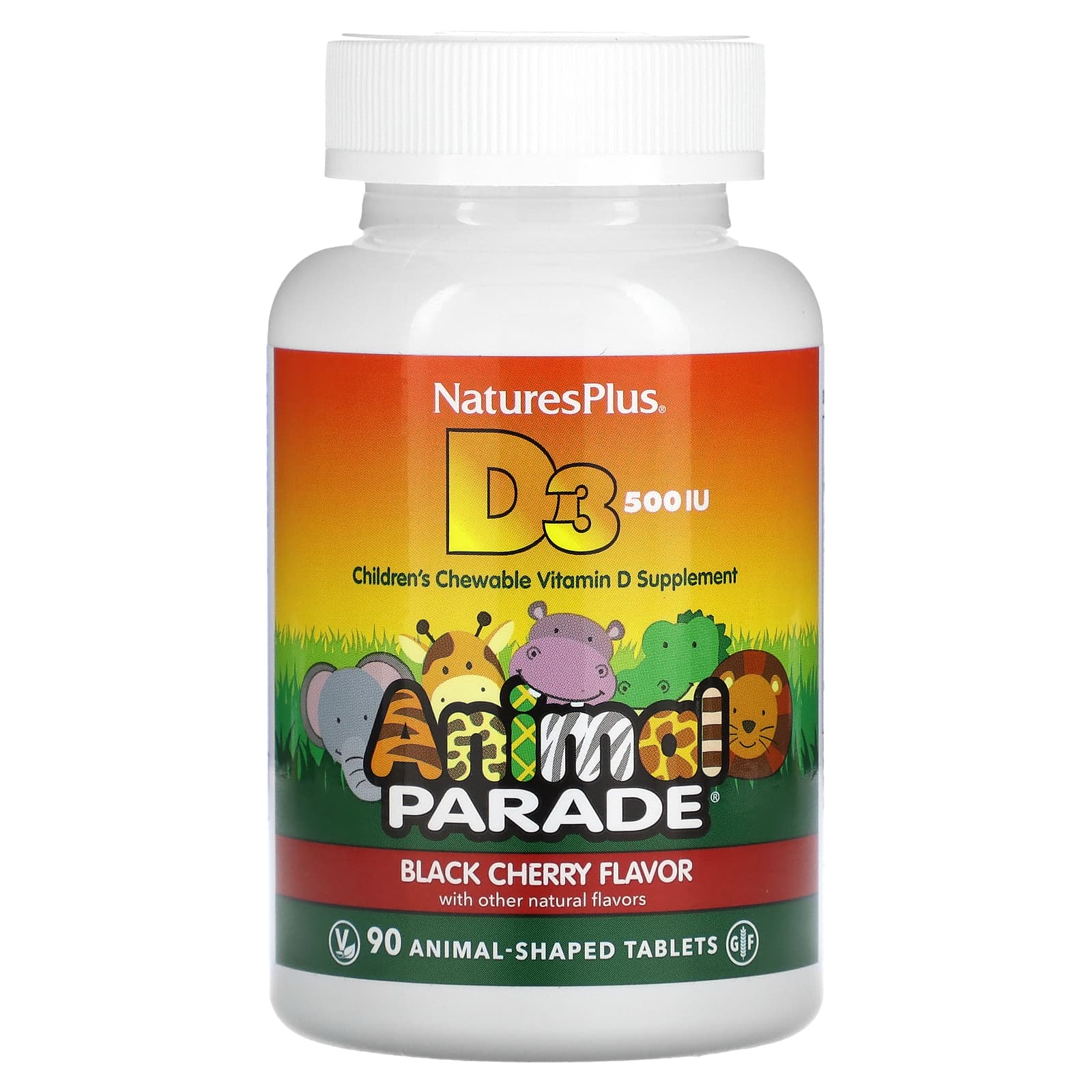 NaturesPlus, Animal Parade, Vitamina D3, Cereja Negra, 12,5 mcg (500 UI), 90 Comprimidos em Formato de Animais