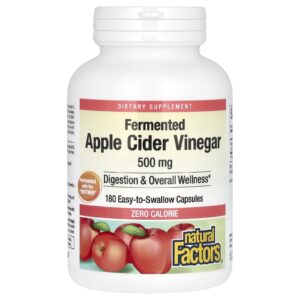 Natural Factors, Vinagre de Sidra de Maçã Fermentado, 500 mg, 180 Cápsulas Fáceis de Engolir
