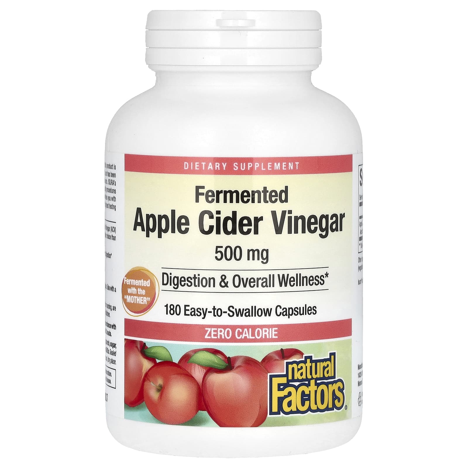 Natural Factors, Vinagre de Sidra de Maçã Fermentado, 500 mg, 180 Cápsulas Fáceis de Engolir