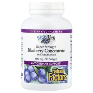Natural Factors, BlueRich, Potência Superior, Concentrado de Mirtilo, 500 mg, 90 Cápsulas Softgel