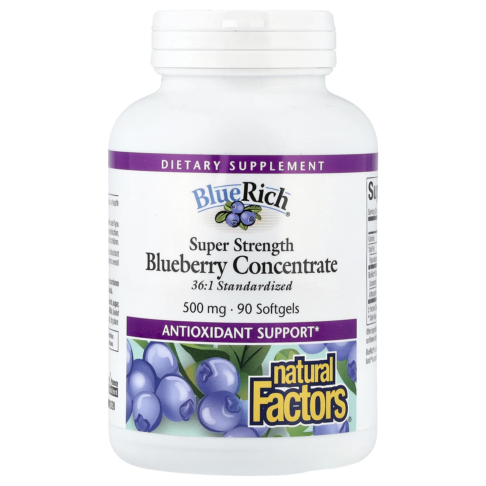 Natural Factors, BlueRich, Potência Superior, Concentrado de Mirtilo, 500 mg, 90 Cápsulas Softgel