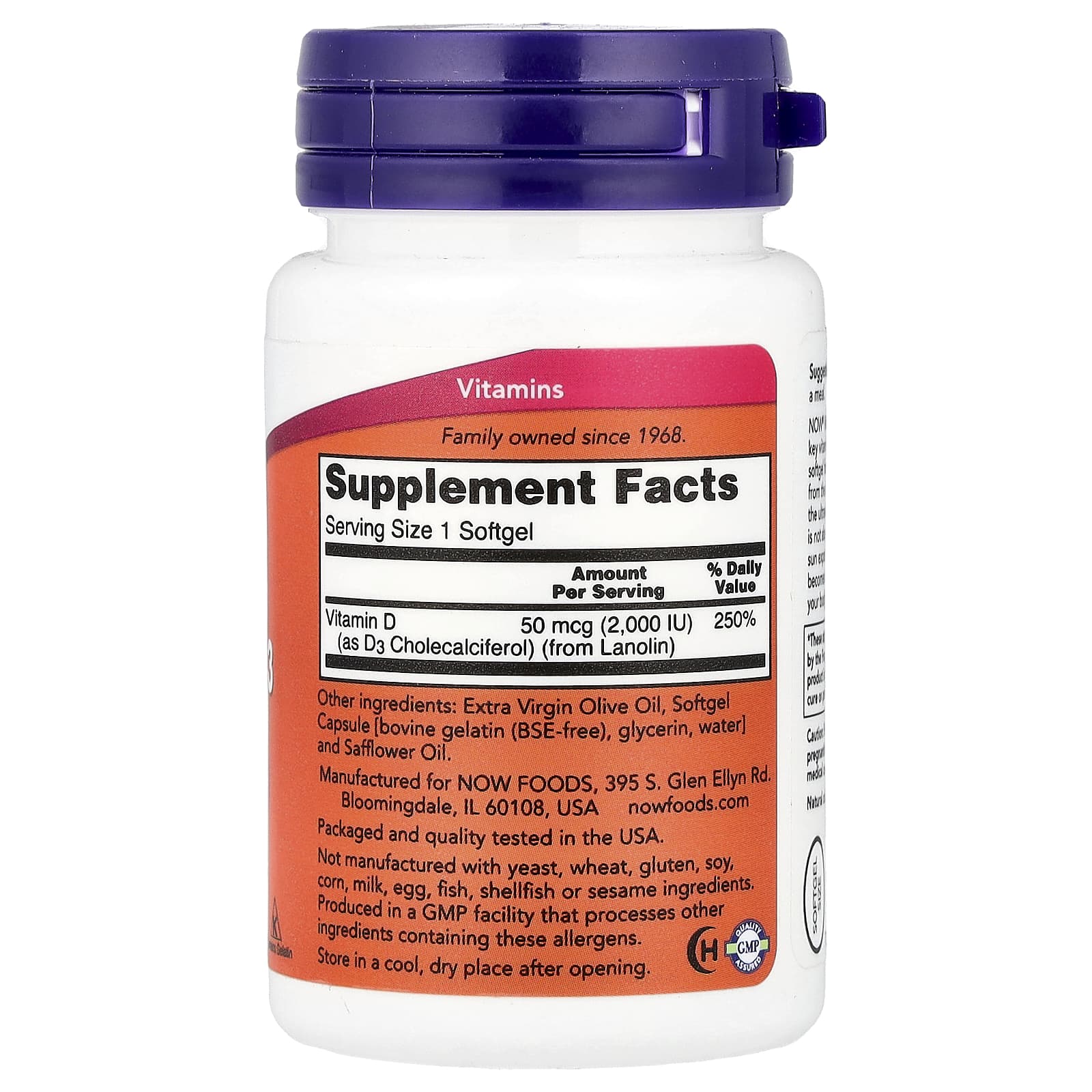 NOW Foods, Vitamina D-3, 2.000 UI, 30 Cápsulas Softgel - Imagem 2