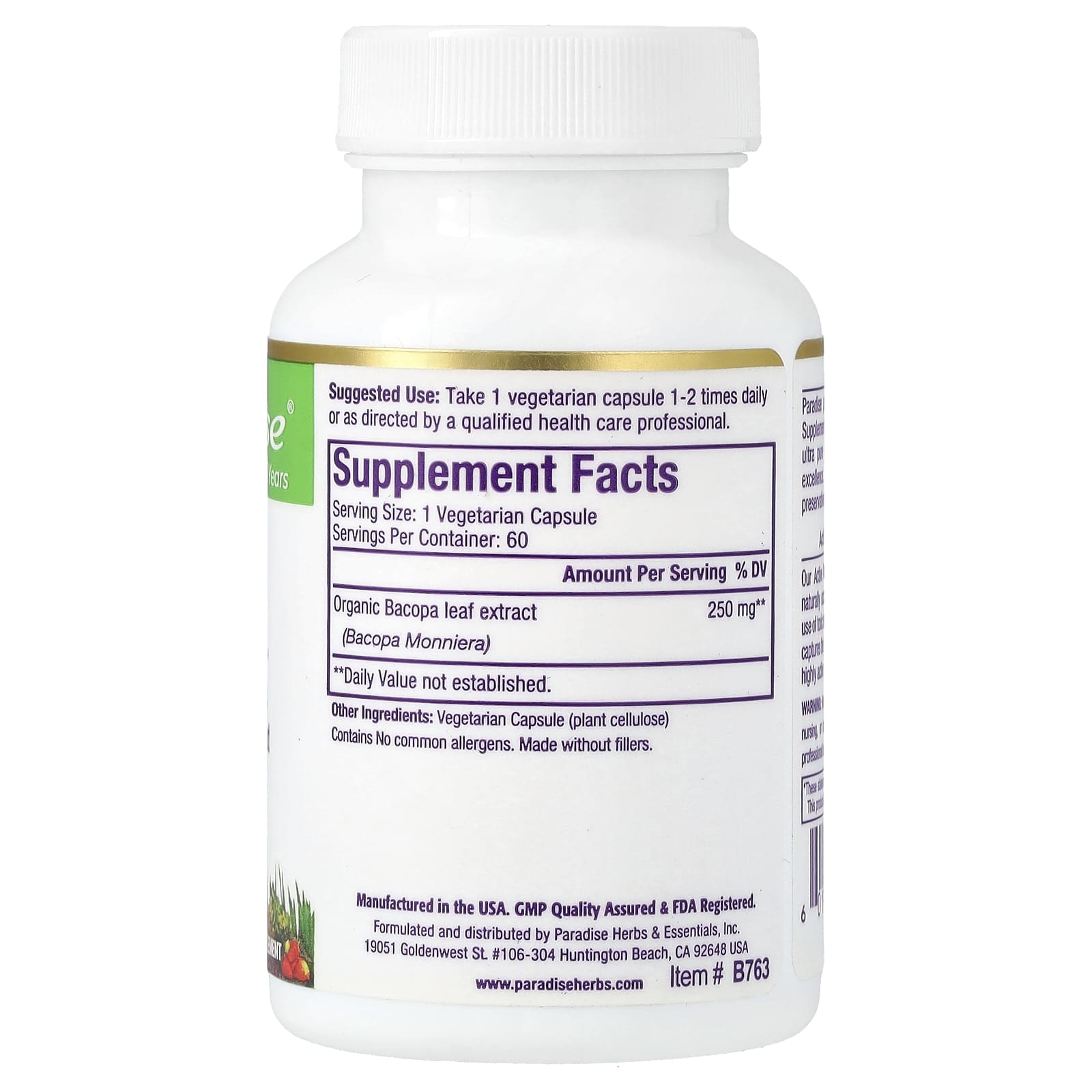 Paradise Herbs, Bacopa, 60 Cápsulas Vegetarianas (250 mg por Cápsula) - Imagem 2