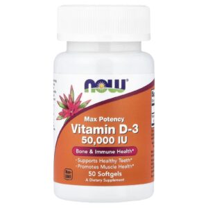NOW Foods, Vitamina D-3, Máxima Potência, 50.000 UI, 50 Cápsulas Softgel