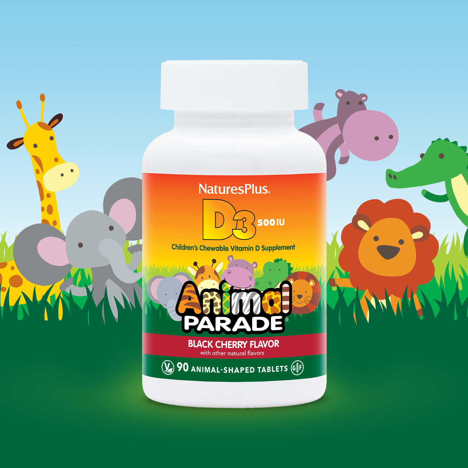 NaturesPlus, Animal Parade, Vitamina D3, Cereja Negra, 12,5 mcg (500 UI), 90 Comprimidos em Formato de Animais - Imagem 4