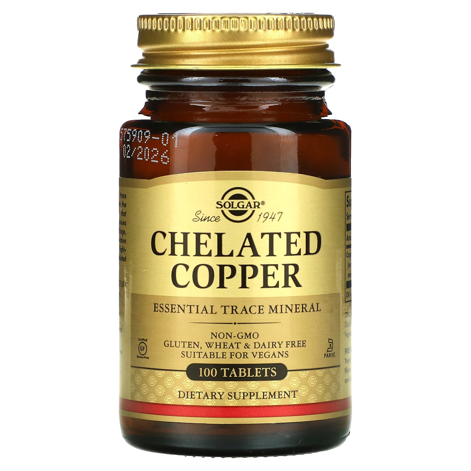 Solgar, Cobre Quelato, 100 Comprimidos (2,5 mg por Comprimido)