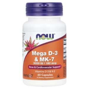 NOW Foods, Mega D-3 e MK-7, 5.000 UI/180 mcg, 60 Cápsulas
