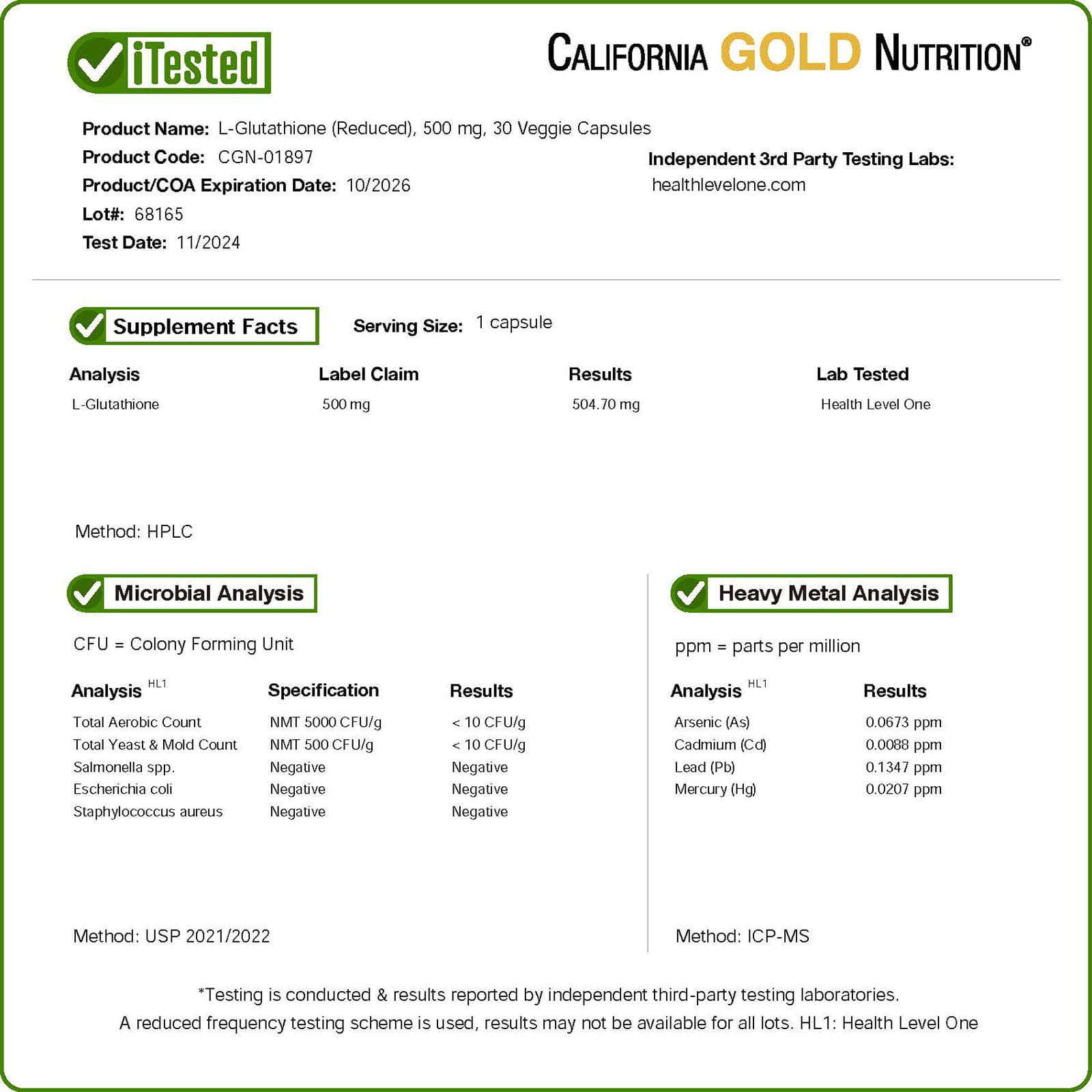 California Gold Nutrition, L-Glutationa (Reduzida), 500 mg, 30 Cápsulas Vegetais - Imagem 4