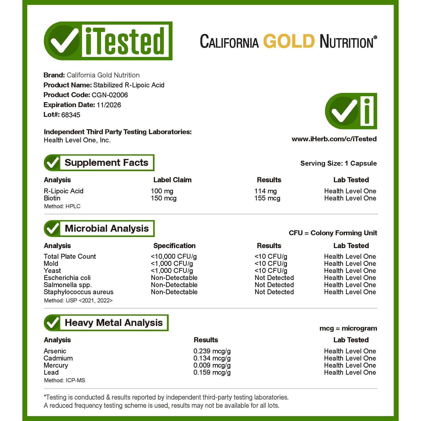 California Gold Nutrition, R-Ácido Tióctico Estabilizado com Biotina, 30 Cápsulas Vegetais - Imagem 4