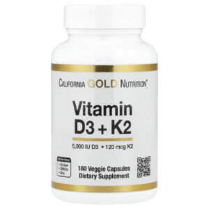 California Gold Nutrition, Vitaminas D3 + K2 como MK- 7, 180 Cápsulas Vegetais