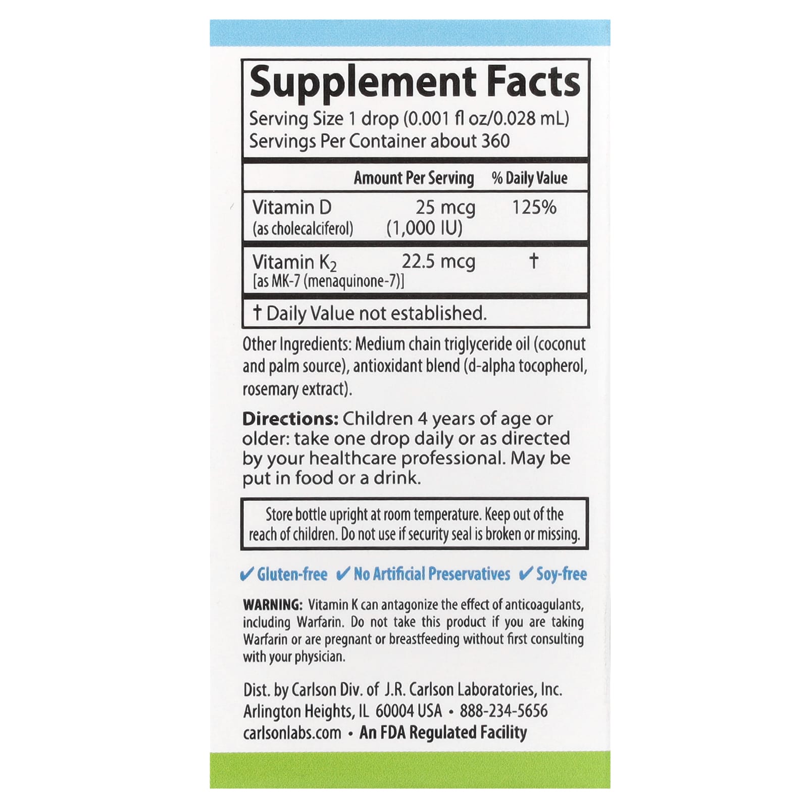 Carlson, Infantil, Super Daily D3 + K2, 25 mcg (1.000 UI) e 22,5 mcg, 0,34 fl oz (10,16 ml) - Imagem 2