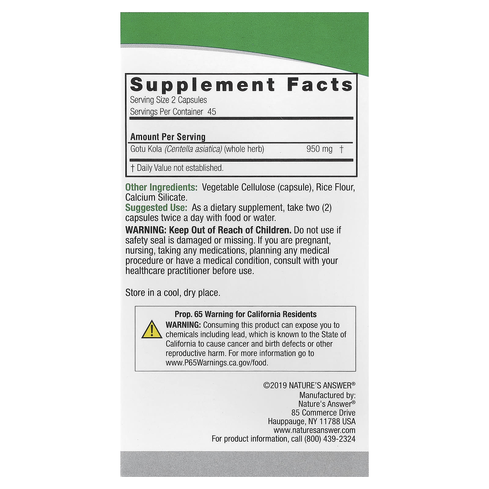 Nature's Answer, Gotu Kola, 90 Cápsulas Vegetarianas (475 mg por Cápsula) - Imagem 2