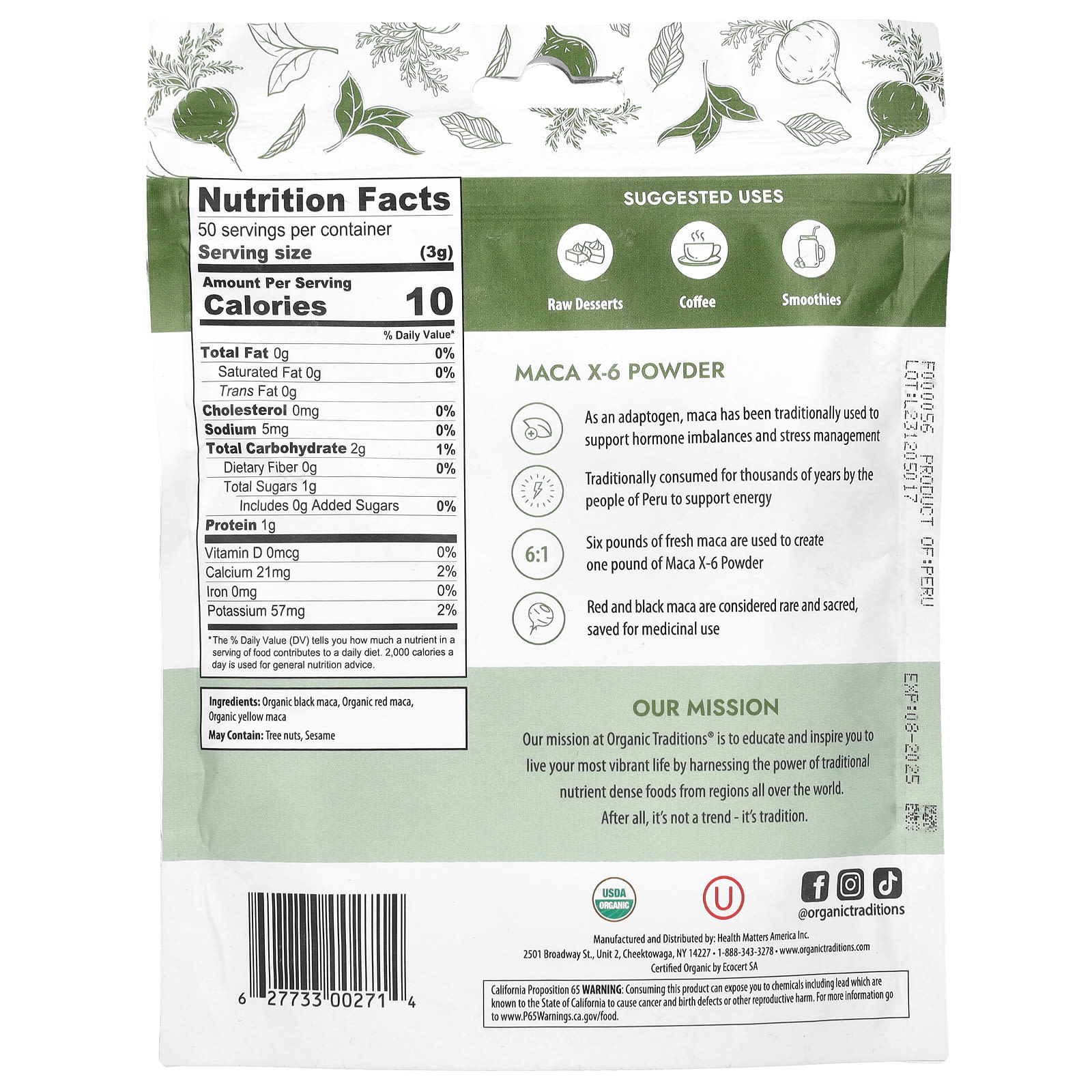 Organic Traditions, Maca-Peruana X-6 em Pó, 150 g (5,3 oz) - Imagem 2