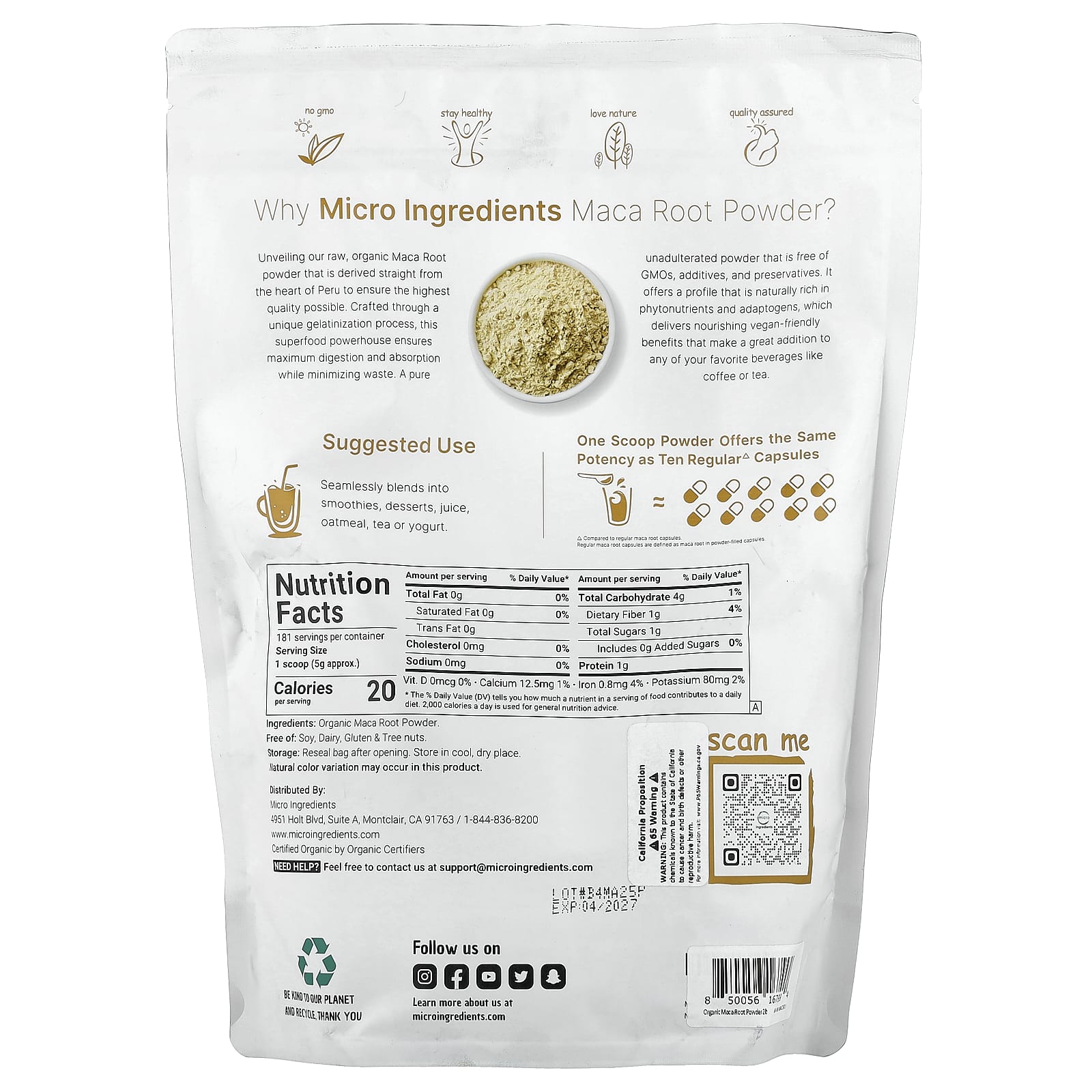Micro Ingredients, Raiz de Maca-Peruana Orgânica em Pó, 907 g (2 lb) - Imagem 2