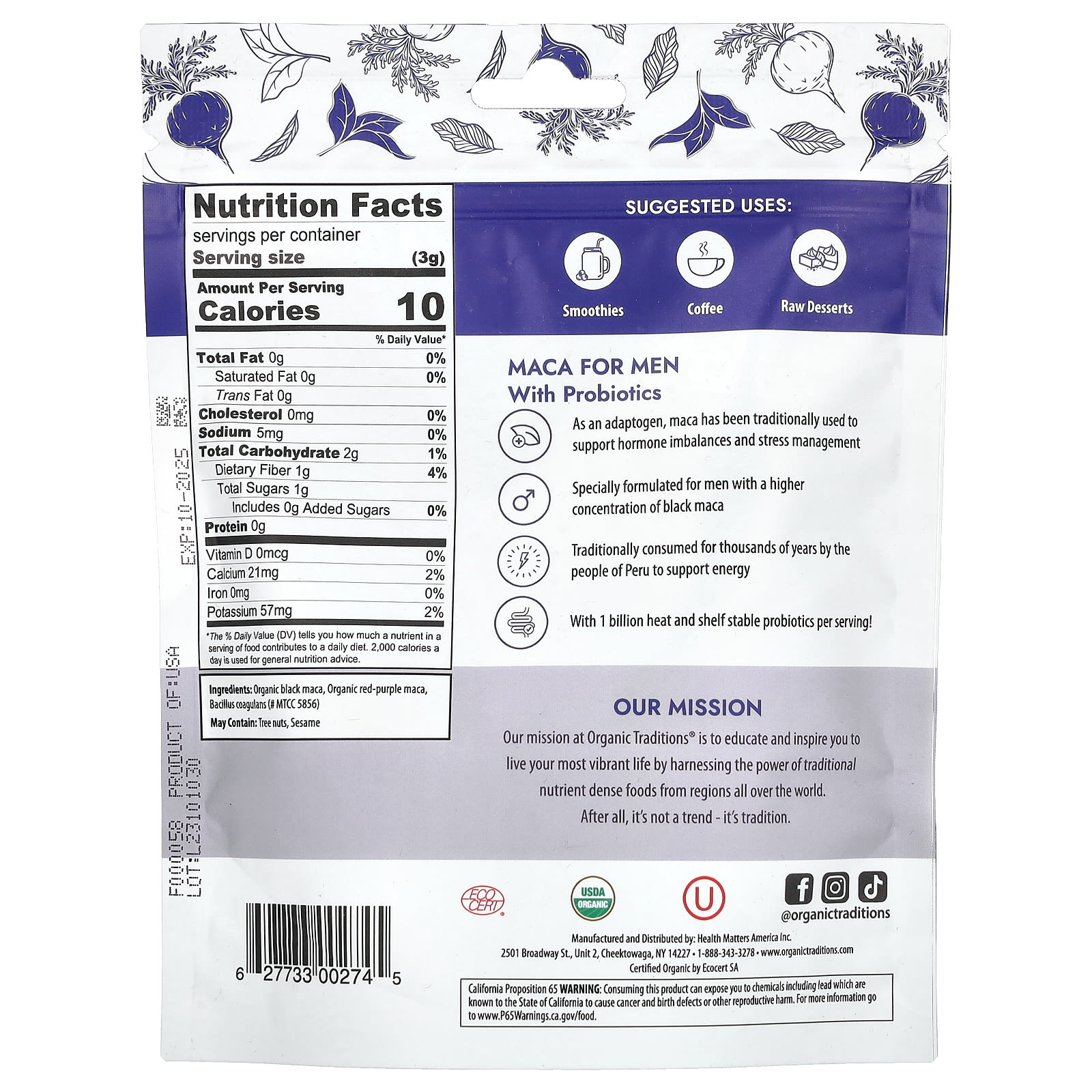 Organic Traditions, Maca para Homens com Probióticos, 150 g (5,3 oz) - Imagem 2