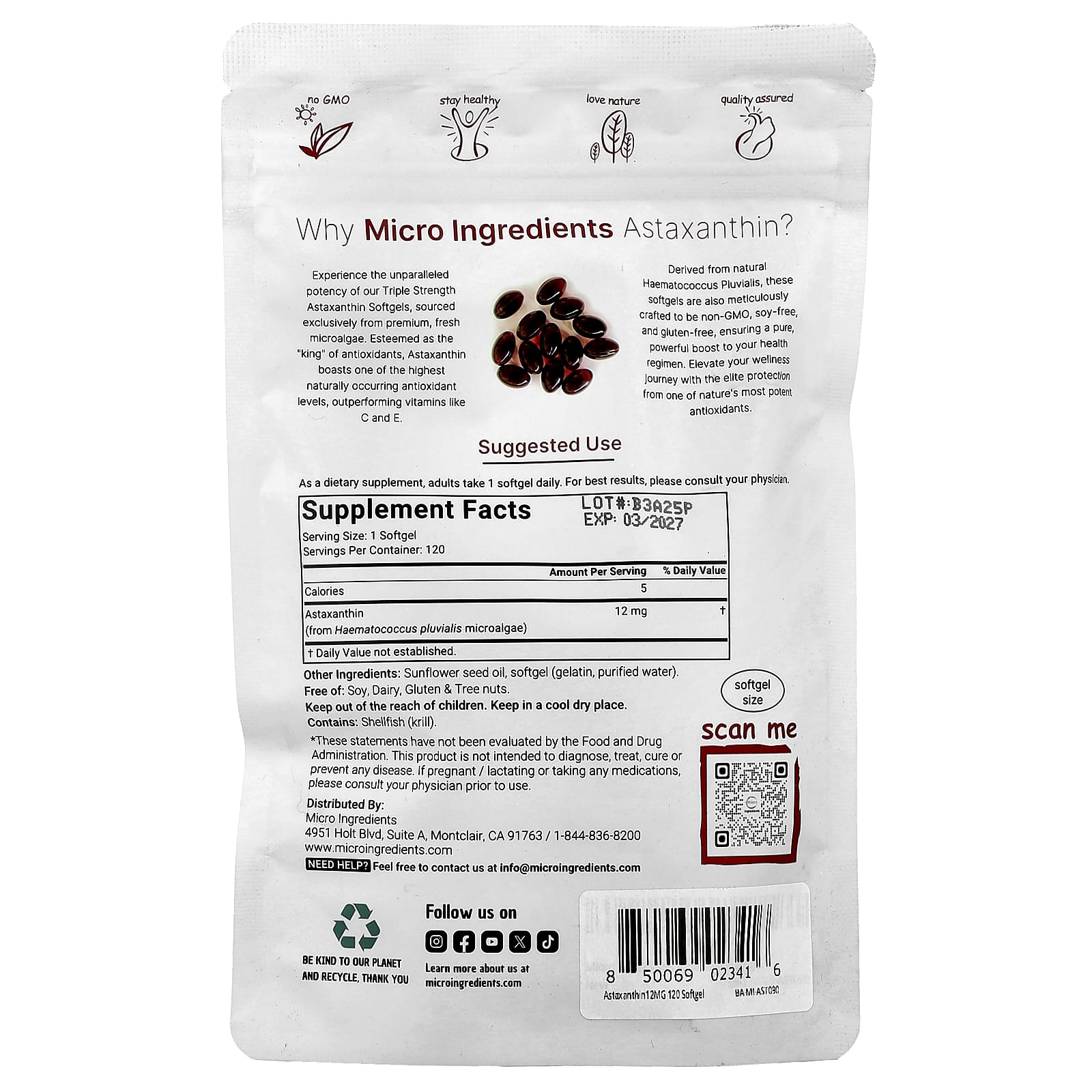 Micro Ingredients, Astaxantina, 12 mg, 120 Cápsulas Softgel - Imagem 2