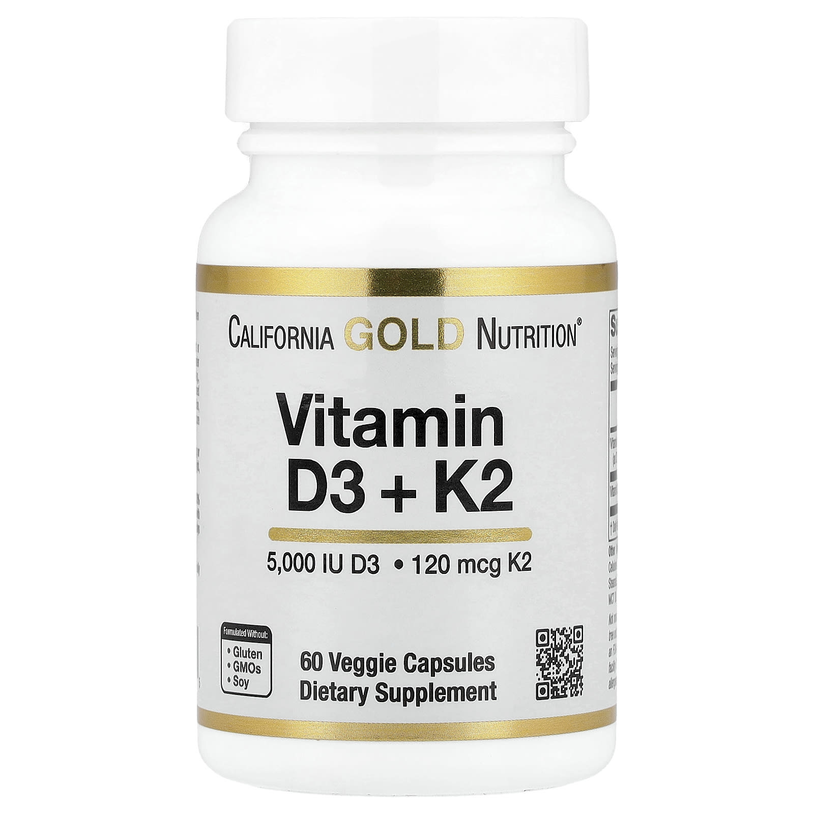 California Gold Nutrition, Vitamina D3 + K2 como MK-7, 60 Cápsulas Vegetais