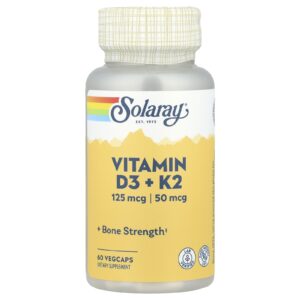 Solaray, Vitamina D3 + K2, Sem Soja, 60 Cápsulas Vegetais