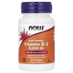 NOW Foods, Vitamina D-3, Alta Potência, 5.000 UI, 30 Cápsulas Softgel