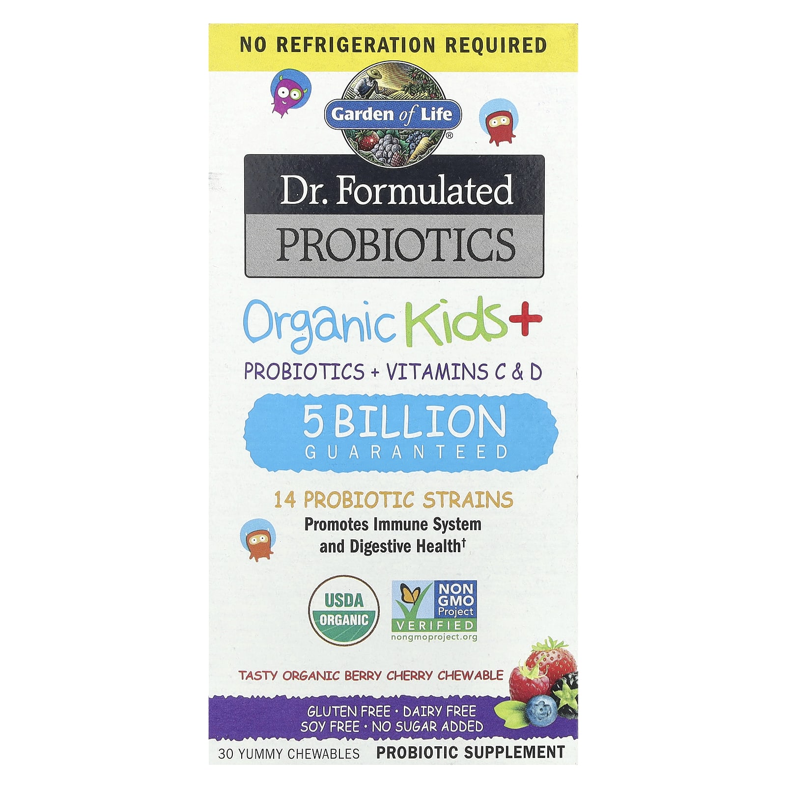 Garden of Life, Dr. Formulated Probióticos, Kids Orgânicos +, Cereja com Frutos Silvestres Orgânicos Saborosos, 30 Deliciosos Mastigáveis