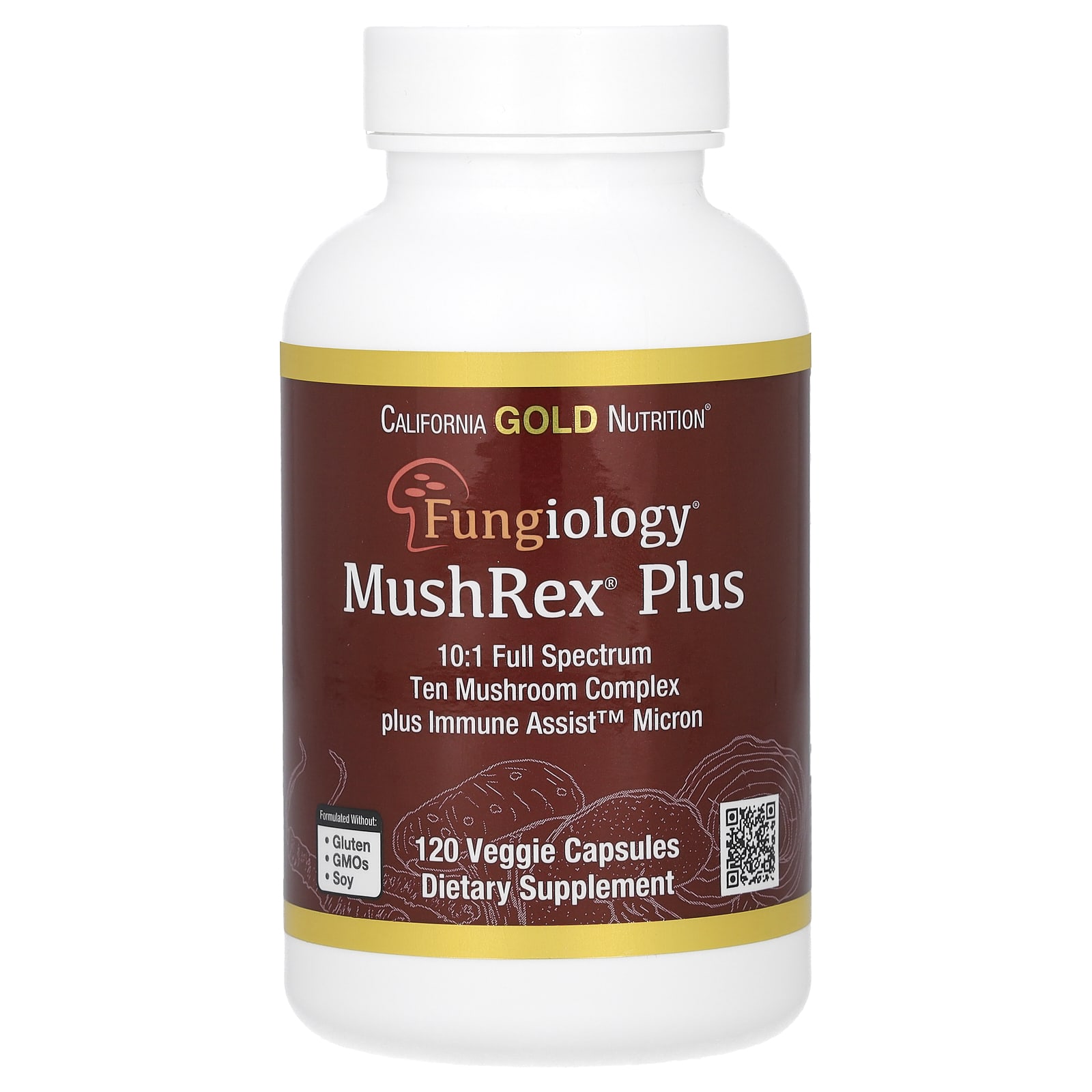 California Gold Nutrition, Fungiology, MushRex Plus, Complexo de Dez Cogumelos de Espectro Completo com Agaricus, Chaga, Cordyceps e Juba-de-Leão, 120 Plantcaps