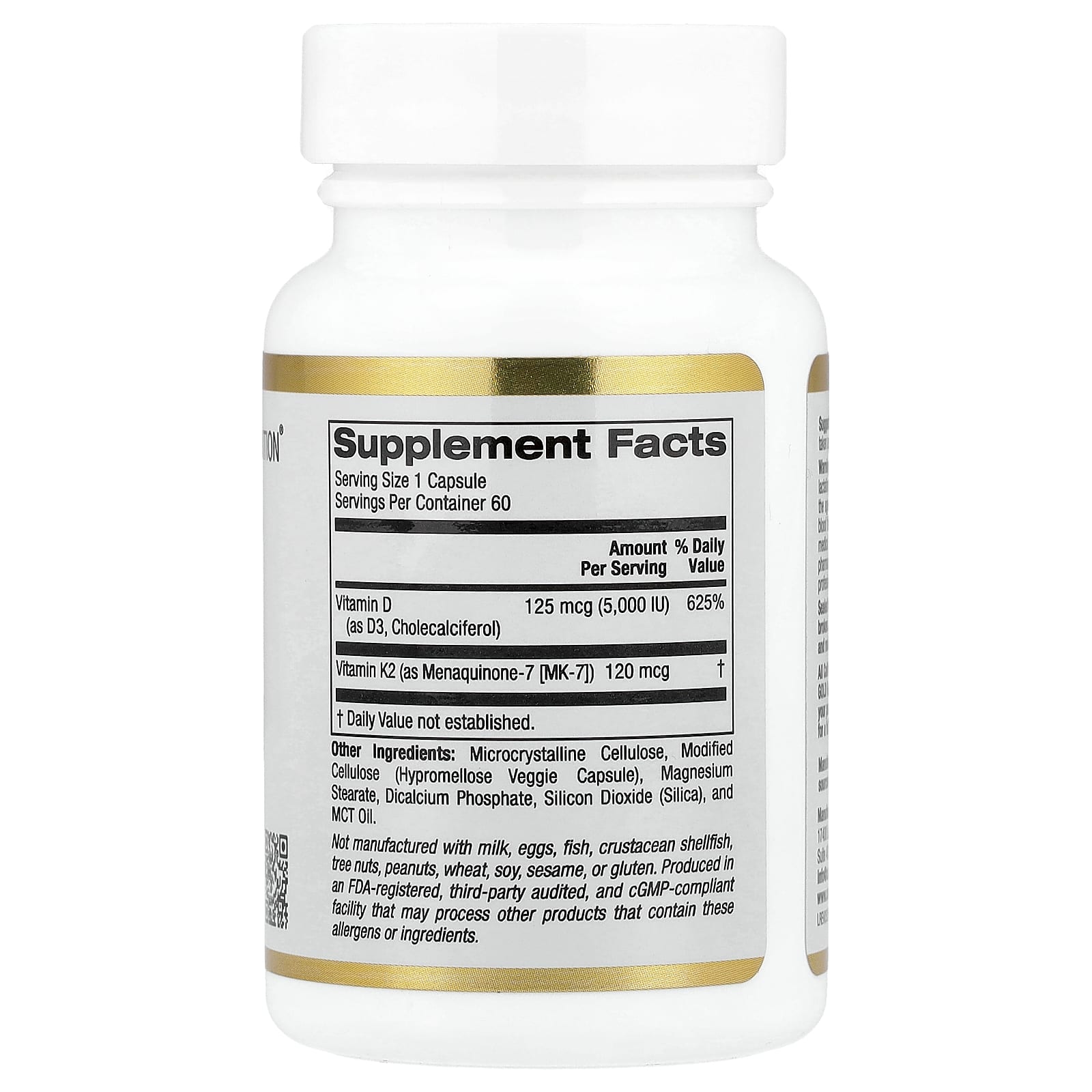 California Gold Nutrition, Vitamina D3 + K2 como MK-7, 60 Cápsulas Vegetais - Imagem 2