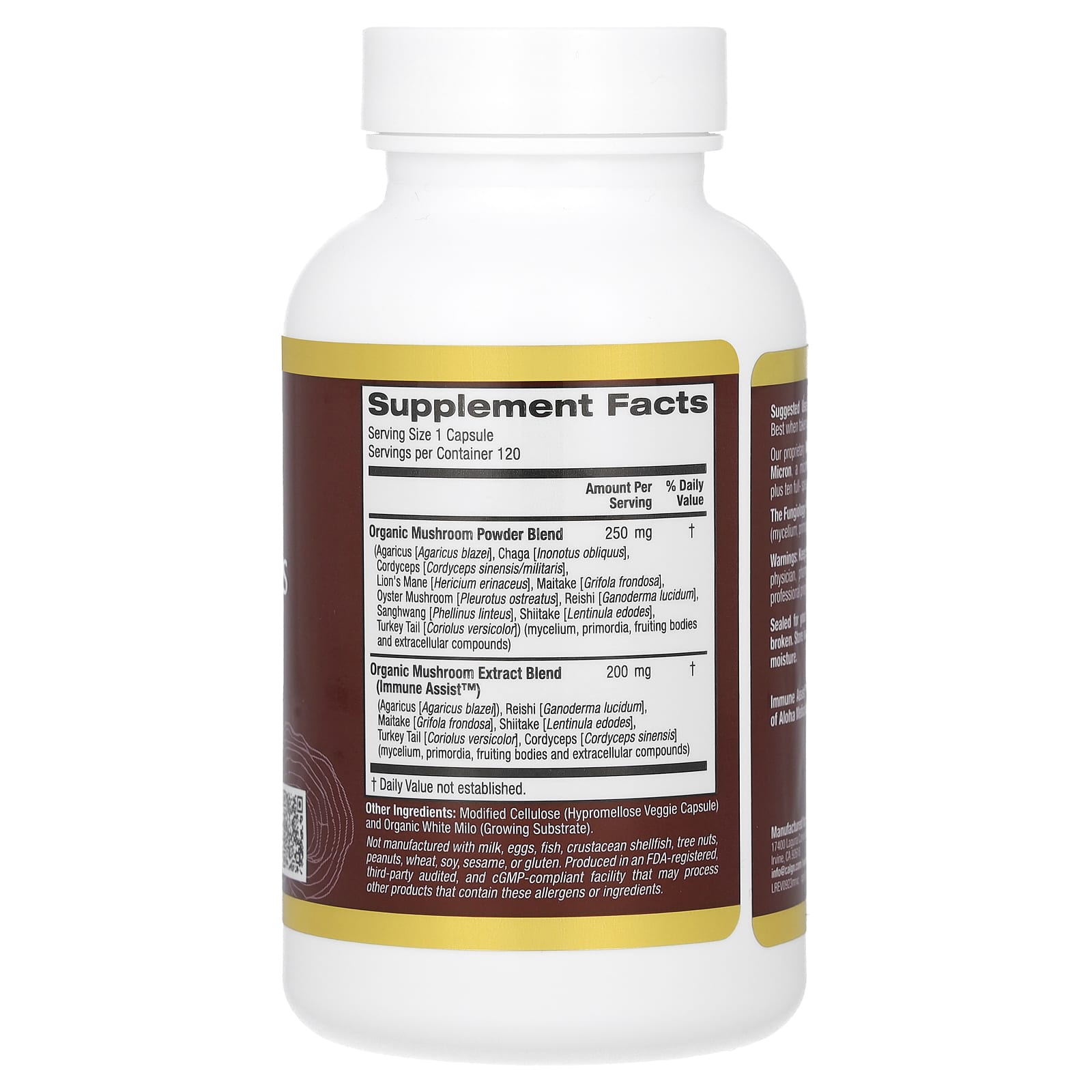 California Gold Nutrition, Fungiology, MushRex Plus, Complexo de Dez Cogumelos de Espectro Completo com Agaricus, Chaga, Cordyceps e Juba-de-Leão, 120 Plantcaps - Imagem 2