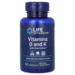Life Extension, Vitaminas D e K com Sea-Iodine, 125 mcg (5.000 UI), 60 Cápsulas