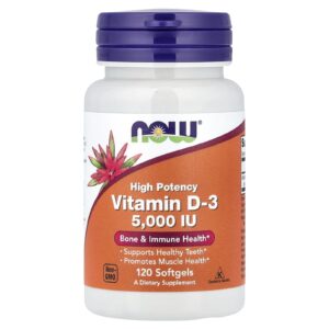 NOW Foods, Vitamina D-3, Alta Potência, 125 mcg (5.000 UI), 120 Cápsulas Softgel