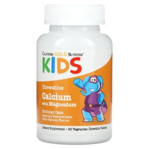 California Gold Nutrition, Cálcio com Magnésio Mastigável para Crianças, Sabor Bolo de Aniversário, 90 Comprimidos Vegetarianos