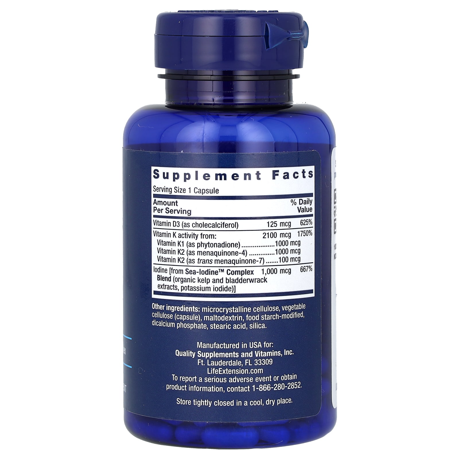 Life Extension, Vitaminas D e K com Sea-Iodine, 125 mcg (5.000 UI), 60 Cápsulas - Imagem 2