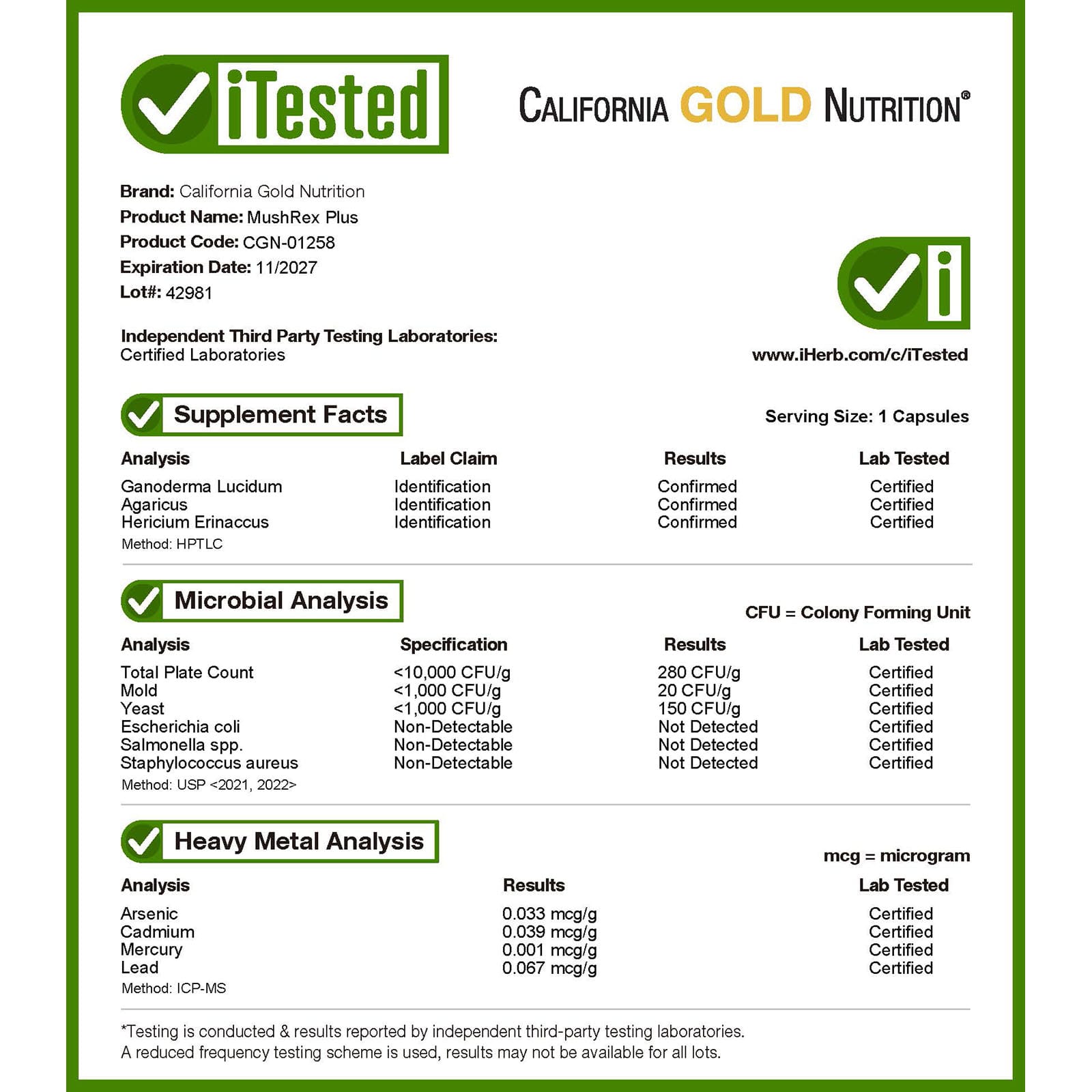 California Gold Nutrition, Fungiology, MushRex Plus, Complexo de Dez Cogumelos de Espectro Completo com Agaricus, Chaga, Cordyceps e Juba-de-Leão, 120 Plantcaps - Imagem 4