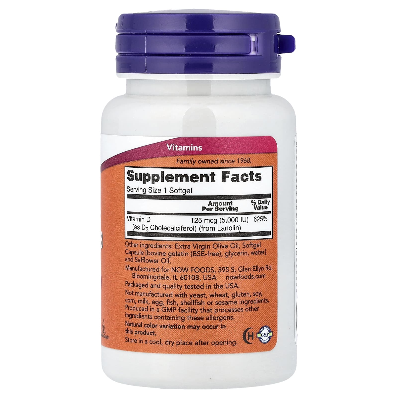 NOW Foods, Vitamina D-3, Alta Potência, 125 mcg (5.000 UI), 120 Cápsulas Softgel - Imagem 2