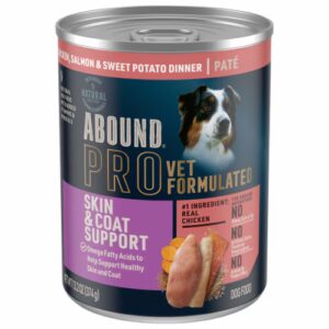 Ração úmida para cães Abound Pro, formulada por veterinários, para suporte da pele e pelagem, patê de salmão e batata-doce - 390 g