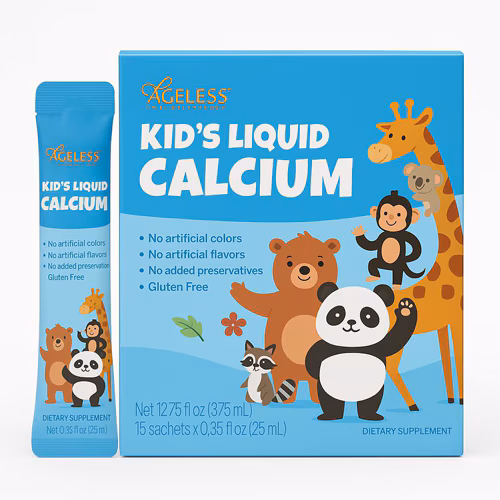 Ageless Foundation Laboratories Kids Liquid Calcium - 0,35 fl oz cada / Pacote com 15 sachês