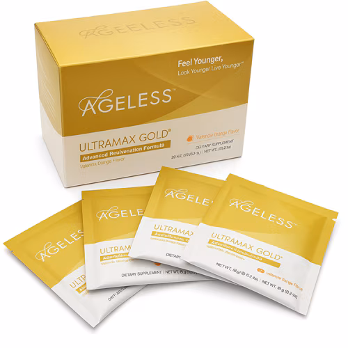 Ageless Foundation Laboratories UltraMAX Gold Pó Efervescente - Multivitamínico e Colágeno Laranja Valência - 22 Sachês