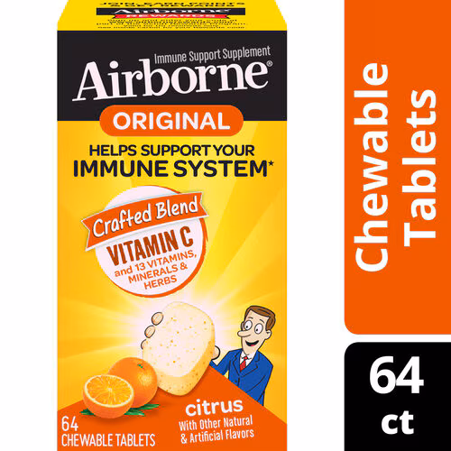 Suporte imunológico aerotransportado Vitamina C + 13 vitaminas, minerais e ervas cítricas - 64 comprimidos mastigáveis