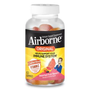 Suporte imunológico aerotransportado Vitamina C + 9 vitaminas, minerais e ervas Frutas variadas - 63 gomas