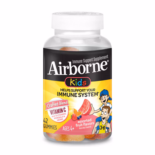 Suporte imunológico Airborne Kids Vitamina C + 9 vitaminas, minerais e ervas, frutas variadas - 42 gomas